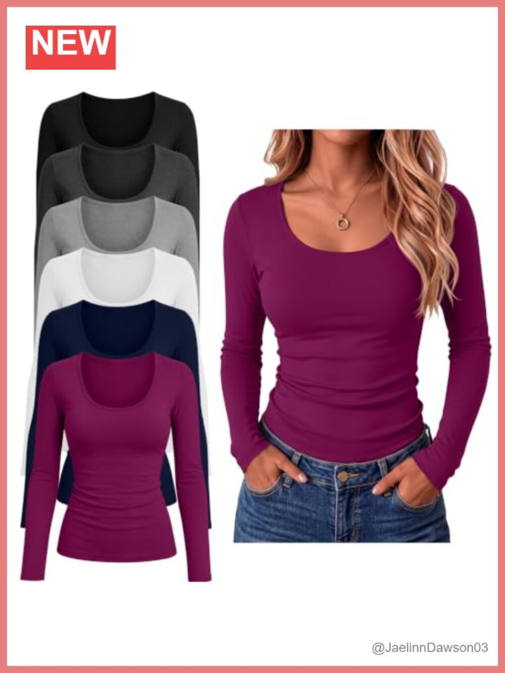 Women's Long Sleeve Scoop Neck Slim Fit T-Shirt Cotton Blend Basic Top